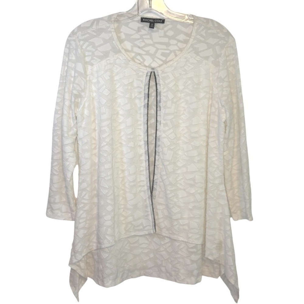 Rachel Cole Cardigan Women Ivory Geometric Burnout Sharkbite Semi-Sheer Career M